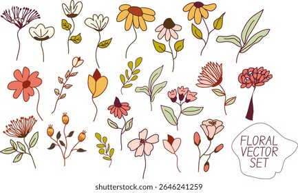 Vintage floral spring set of cute elements in coquette style. Hand drawn whimsical frames with flower leaves, tulip, daffodil., sun flower, meadow.  Vector template for holiday. Doodle floral decorati