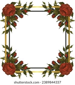 Vintage floral square frame with golden gradient. Hand drawn watercolor roses and rosebuds in burnt orange color with green leaves in warm tones wrapped around a square golden gradient frame