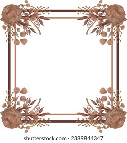 Vintage floral square frame. Hand drawn watercolor brown roses and with dry brown leaves wrapped around a square maroon frame