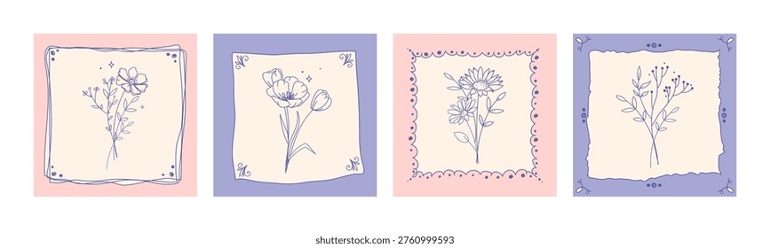 Vintage floral square frames templates with hand drawn botanical line art, flowers minimal borders decorative design elements for cards invitations branding fashionable print, cover design.Vector