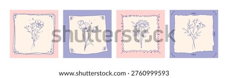 Vintage floral square frames templates with hand drawn botanical line art, flowers minimal borders decorative design elements for cards invitations branding fashionable print, cover design.Vector