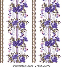 Vintage floral stripe pattern with decorative purple rose borders