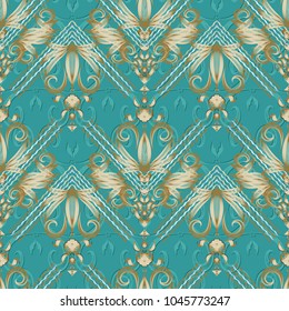 Vintage floral striped seamless pattern. Turquoise vector background. Hand drawn gold damask flowers, swirl leaves, lines, curves, stripes, zigzag, baroque  ornaments. Design for fabric, wallpapers