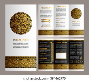 Vintage Floral style Brochure and Flyer Design Template with Logo, creative art elements and ornament, page layouts, Luxury Gold, Black, white colors and artistic solutions for design and decoration
