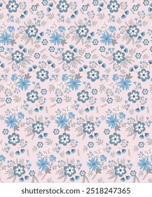 Vintage floral summer pattern with small pastel coral flowers on a pink background. Seamless pattern for design and fashion prints. Ditsy style.