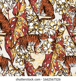 Vintage floral summer vector tiger seamless pattern with begonia flowers and leaves. Tropical animal texture. Exotic summer illustration