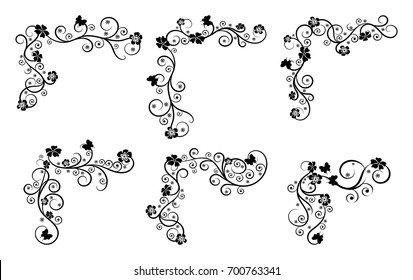 Vintage floral swirl frame set. Abstract black and white ornate corners. Vector illustration with flowers and butterflies. 