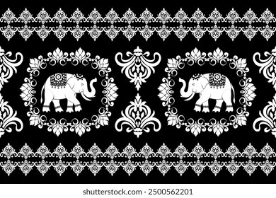  Vintage floral tattoo set with black and white decorative elements, featuring elegant frames, borders, and seamless patterns,elephants pattern,traditional ethnic, fabric pattern for textiles, rugs.