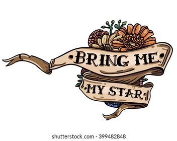 vintage floral tattoo template asters with ribbon and lettering