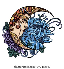 vintage floral tattoo template moon with asters print 
