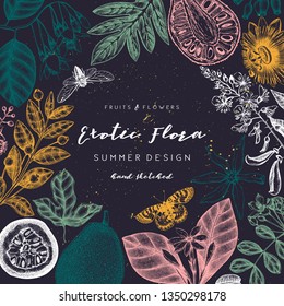 Vintage floral template. Ink hand drawn elements. Exotic fruits and flowers design. Vector illustration with highly detailed perfumery and cosmetics ingredients.  Outlines in engraved style.