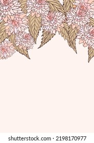 Vintage floral template with pink kerria japonica flower and leaves on beige background. Border with lush botanical bouquet