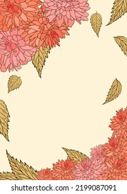 Vintage floral template with pink kerria japonica flower and falling leaves on beige background. Border with lush botanical bouquet