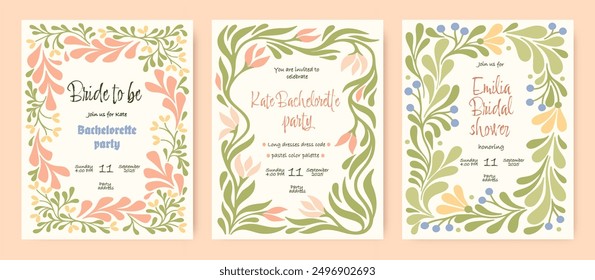 Plantillas florales de Antiguas para la despedida de soltera. Invitaciones de despedida de soltera. Vector.