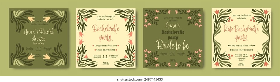 Vintage floral templates for Bachelorette party. Bridal shower invitations. Vector.