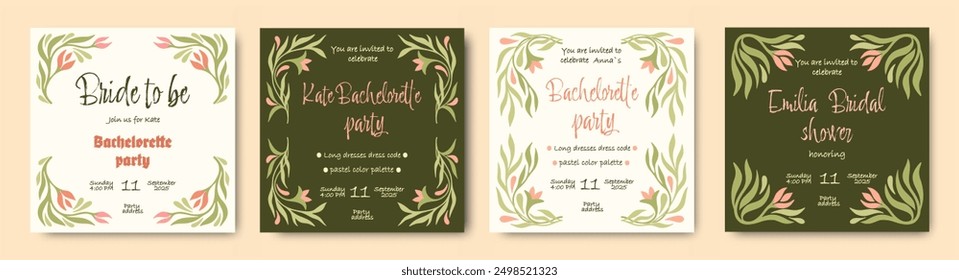 Plantillas florales de Antiguas para la despedida de soltera. Invitaciones de despedida de soltera. Vector.