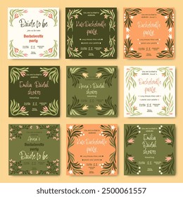 Plantillas florales de Antiguas para la despedida de soltera. Invitaciones de despedida de soltera. Vector.