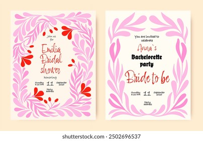 Vintage floral templates for Bachelorette party. Bridal shower invitations. Vector.