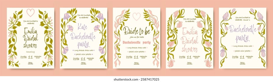 Vintage floral templates for Bachelorette party. Bridal shower invitations. Vector.