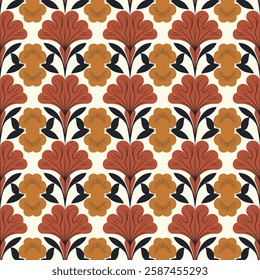 Vintage Floral Tile Seamless Pattern in Warm Orange and Black