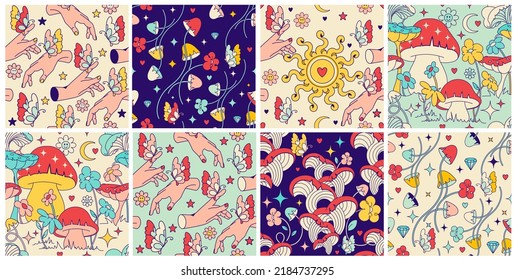 Vintage floral tricky groovy seamless patterns with sun, witchy mystical hands mushrooms: psilocybin, agaric. Retro set. Backdrop fabric design, witchcraft digital or wrapping paper