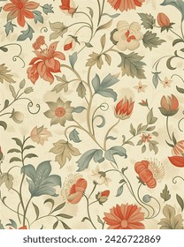 vintage floral vector background with delicate botanical motifs and muted pastel colors, reminiscent of antique wallpaper patterns 