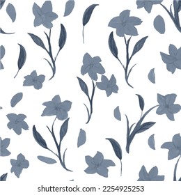 Vintage floral vector background. Seamless pattern for design and fashion prints. Floral pattern with small blue flowers and leaves on a white background.