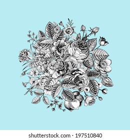 Vintage floral vector bouquet with Black & White summer garden flowers on mint background. 