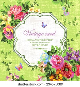 Vintage floral vector card with bright flowers and butterflies on a pink background