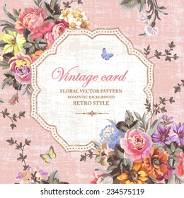 Vintage floral vector card with bright flowers and butterflies on a pink background