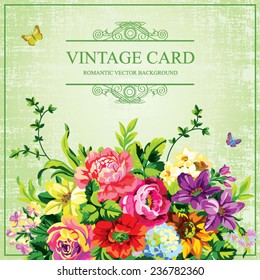 Vintage floral vector card with bright flowers on a green background 