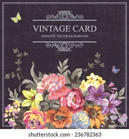 Vintage floral vector card with bright flowers on a dark background 