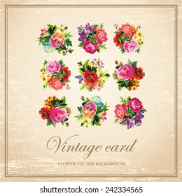 Vintage floral vector card with bright flowers on a old paper background 