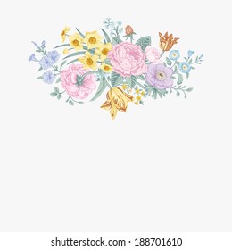 Vintage floral vector card with spring summer Victorian bouquet of flowers. Roses, anemones, tulips, forget-me, petunias on a light background. Pastel color.