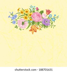 Vintage floral vector card with spring summer Victorian bouquet of flowers. Colorful roses, anemones, tulips, forget-me, petunias on a yellow background.