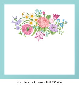 Vintage floral vector card with spring summer Victorian bouquet of flowers. Roses, anemones, tulips, forget-me, petunias on a white background with mint frame. Bright color.