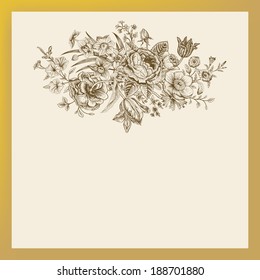 Vintage floral vector card with spring summer Victorian bouquet of flowers. Brown illustration roses, anemones, tulips, forget-me, petunias on a beige background with golden frame.