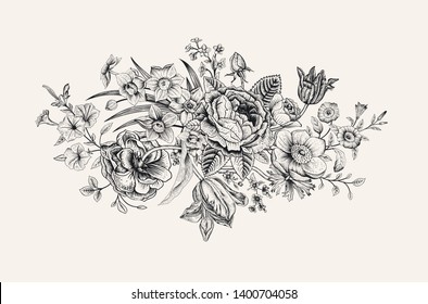 Vintage floral vector card. Victorian bouquet. Classic botanical illustration. Black and white