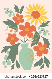 Vintage floral vector Composition. Flowers in Vase Retro Card Design