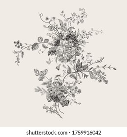 Vintage floral vector element. Victorian. Flora. Black and white