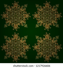 Vintage floral vector ornament. Abstract classic seamless pattern with golden elements on a green background.