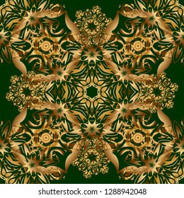 Vintage floral vector ornament. Abstract classic seamless pattern with golden elements on a green background.