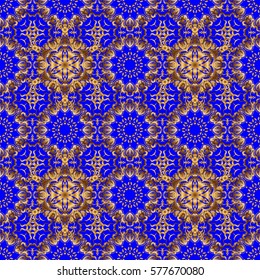 Vintage floral vector ornament. Abstract classic seamless pattern with golden elements on a blue background.