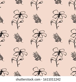 Vintage floral vector pattern in the light beige color with black silhouette flowers and leaves.  Neutral pattern. Hand drawing oiutline flowers, trendy shapes of herbs.Textile