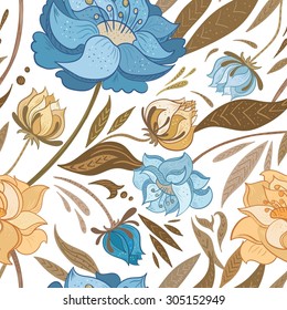 Vintage Floral Vector Pattern | Seamless sketch texture with beautiful peony flowers on white background