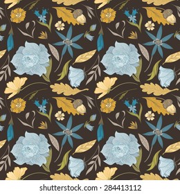Vintage Floral Vector Pattern | Sketch doodle style background with hand-painted plants and leaves in retro colors