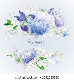 Vintage floral vector rosette: blue Chrysanthemums, Irises, white Peonies, Apple blossom. Botanical drawing in watercolor style for greeting cards, flower wedding invitations, spring summer sales.