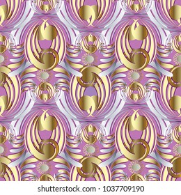 Vintage floral vector seamless pattern. Abstract damask pink background wallpaper with gold silver line art tracery ornament, swirls, curves, shapes, scrolls. Surface texture. Luxury design for fabric