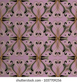 Vintage floral vector seamless pattern. Abstract damask pink background wallpaper with gold black line art tracery ornaments, swirls, curves, shapes, scrolls. Surface texture. Luxury design for fabric