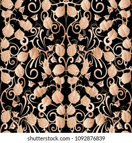 Vintage floral vector seamless pattern. Abstract ornamental flourish background. Line art tracery doodle hand drawn flowers, leaves, swirls, curves, lines. Repeat design for fabric, textile, prints